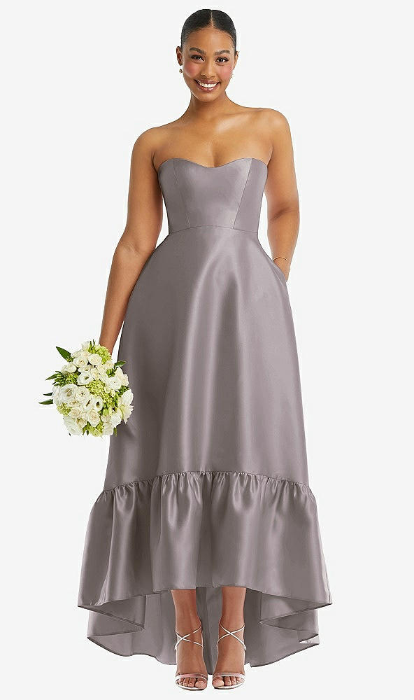 Front View - Cashmere Gray Strapless Deep Ruffle Hem Satin High Low Dress with Pockets