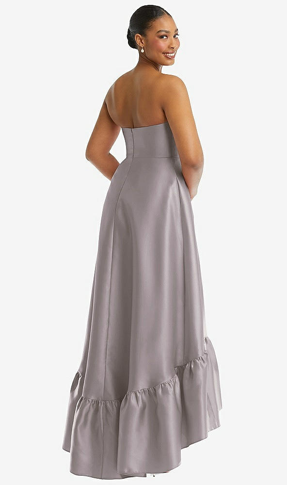 Back View - Cashmere Gray Strapless Deep Ruffle Hem Satin High Low Dress with Pockets