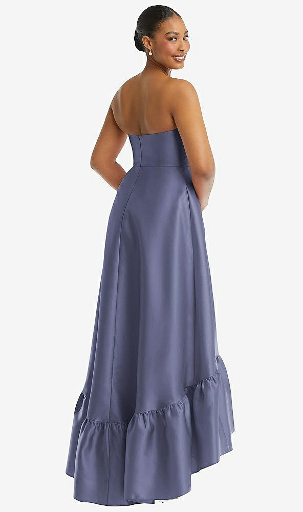 Back View - French Blue Strapless Deep Ruffle Hem Satin High Low Dress with Pockets