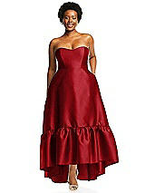 Alt View 1 Thumbnail - Garnet Strapless Deep Ruffle Hem Satin High Low Dress with Pockets