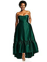Alt View 1 Thumbnail - Hunter Green Strapless Deep Ruffle Hem Satin High Low Dress with Pockets