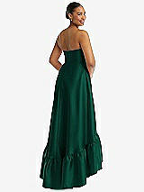 Rear View Thumbnail - Hunter Green Strapless Deep Ruffle Hem Satin High Low Dress with Pockets