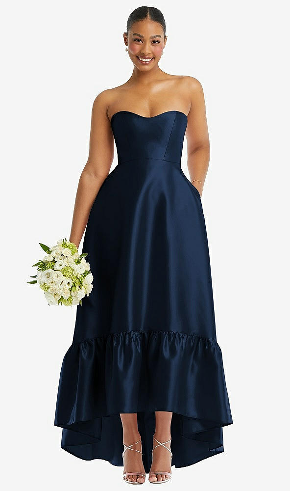 Front View - Midnight Navy Strapless Deep Ruffle Hem Satin High Low Dress with Pockets