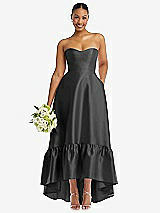 Front View Thumbnail - Pewter Strapless Deep Ruffle Hem Satin High Low Dress with Pockets