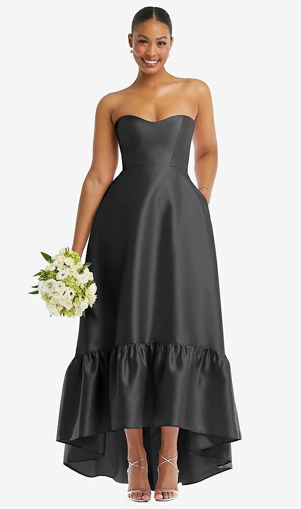 Front View - Pewter Strapless Deep Ruffle Hem Satin High Low Dress with Pockets