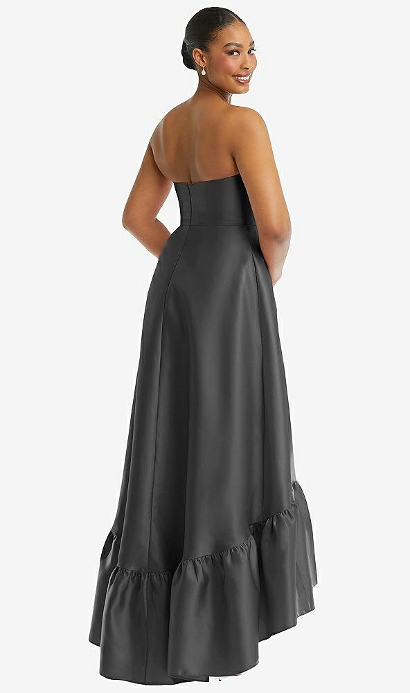 Back View - Pewter Strapless Deep Ruffle Hem Satin High Low Dress with Pockets