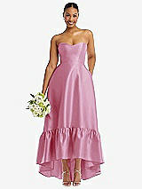 Front View Thumbnail - Powder Pink Strapless Deep Ruffle Hem Satin High Low Dress with Pockets