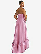 Rear View Thumbnail - Powder Pink Strapless Deep Ruffle Hem Satin High Low Dress with Pockets