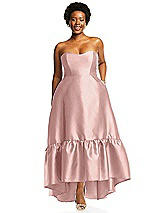 Alt View 1 Thumbnail - Rose - PANTONE Rose Quartz Strapless Deep Ruffle Hem Satin High Low Dress with Pockets