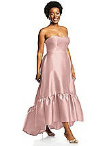 Alt View 2 Thumbnail - Rose - PANTONE Rose Quartz Strapless Deep Ruffle Hem Satin High Low Dress with Pockets
