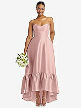 Front View Thumbnail - Rose - PANTONE Rose Quartz Strapless Deep Ruffle Hem Satin High Low Dress with Pockets