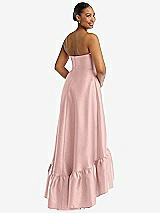 Rear View Thumbnail - Rose - PANTONE Rose Quartz Strapless Deep Ruffle Hem Satin High Low Dress with Pockets
