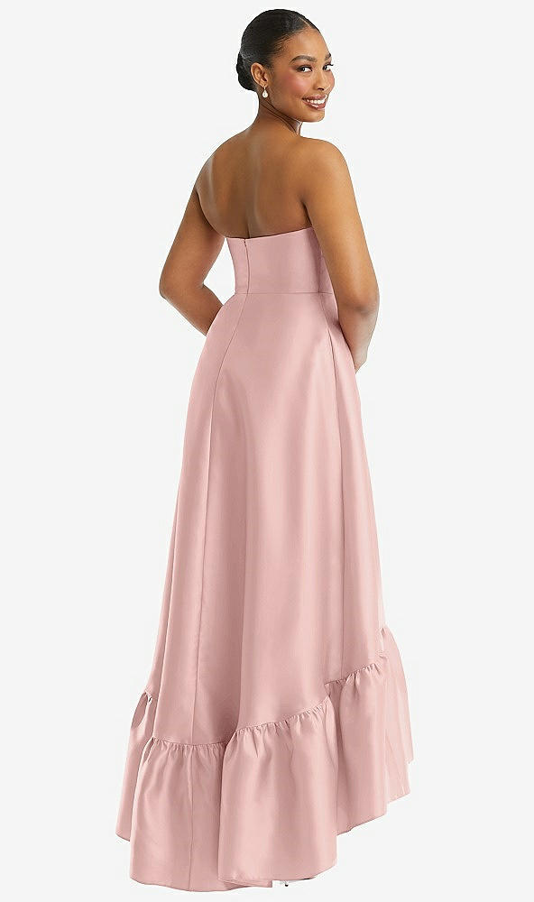 Back View - Rose - PANTONE Rose Quartz Strapless Deep Ruffle Hem Satin High Low Dress with Pockets