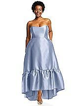 Alt View 1 Thumbnail - Sky Blue Strapless Deep Ruffle Hem Satin High Low Dress with Pockets