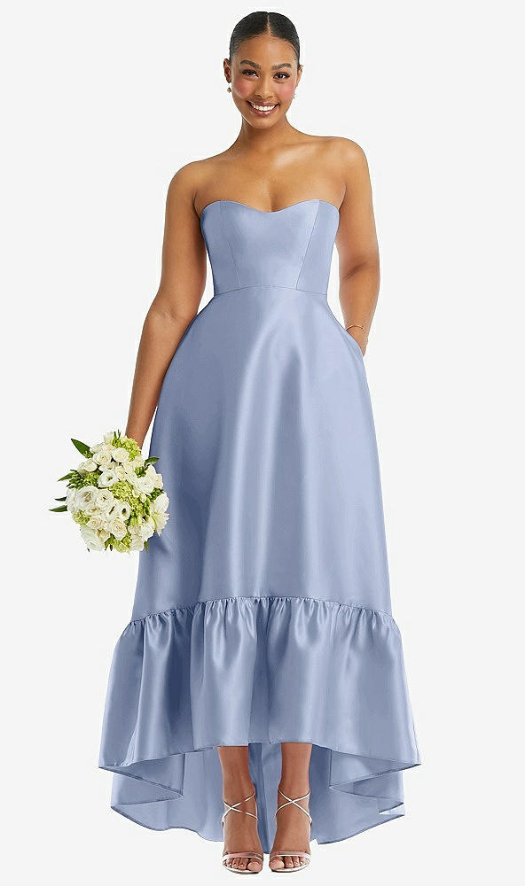 Front View - Sky Blue Strapless Deep Ruffle Hem Satin High Low Dress with Pockets
