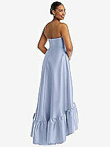 Rear View Thumbnail - Sky Blue Strapless Deep Ruffle Hem Satin High Low Dress with Pockets