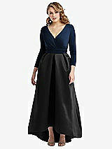 Front View Thumbnail - Black & Midnight Navy Long Sleeve Wrap Dress with High Low Full Skirt and Pockets
