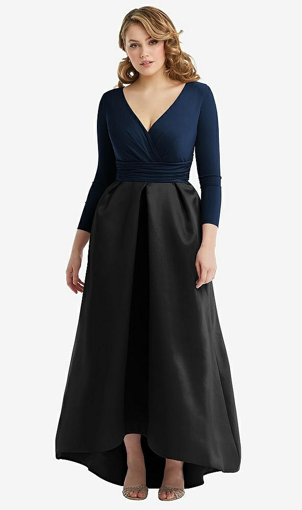 Front View - Black & Midnight Navy Long Sleeve Wrap Dress with High Low Full Skirt and Pockets