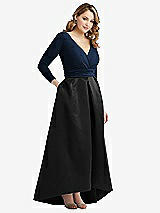 Side View Thumbnail - Black & Midnight Navy Long Sleeve Wrap Dress with High Low Full Skirt and Pockets