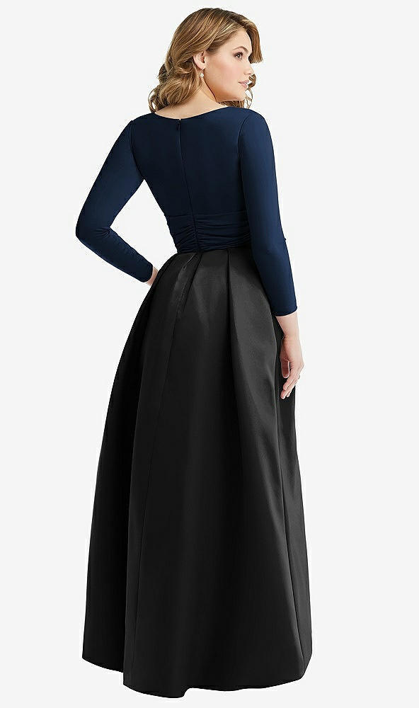 Back View - Black & Midnight Navy Long Sleeve Wrap Dress with High Low Full Skirt and Pockets