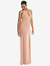 Alt View 1 Thumbnail - Pale Peach Plunge Neck Halter Backless Trumpet Gown with Front Slit