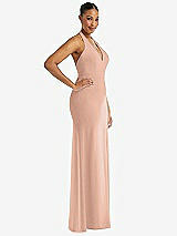 Side View Thumbnail - Pale Peach Plunge Neck Halter Backless Trumpet Gown with Front Slit