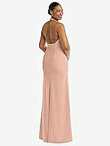 Rear View Thumbnail - Pale Peach Plunge Neck Halter Backless Trumpet Gown with Front Slit