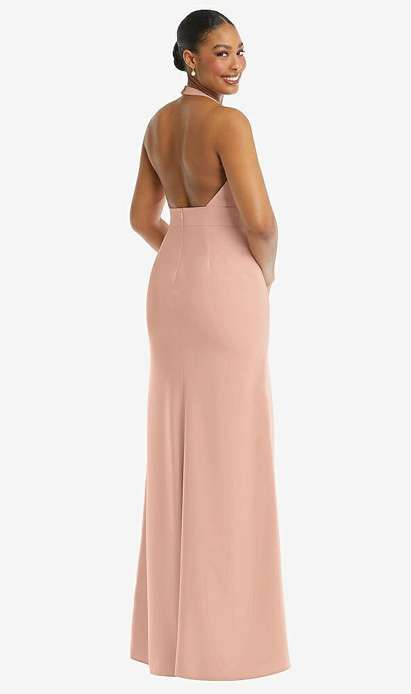 Back View - Pale Peach Plunge Neck Halter Backless Trumpet Gown with Front Slit