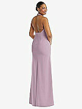 Rear View Thumbnail - Suede Rose Plunge Neck Halter Backless Trumpet Gown with Front Slit