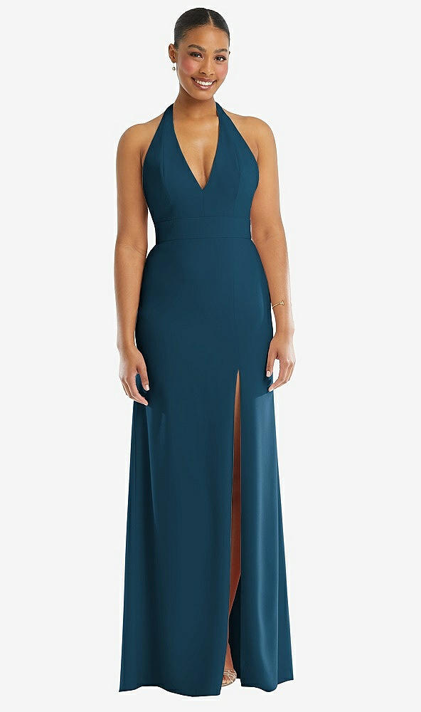 Front View - Atlantic Blue Plunge Neck Halter Backless Trumpet Gown with Front Slit