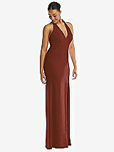 Alt View 1 Thumbnail - Auburn Moon Plunge Neck Halter Backless Trumpet Gown with Front Slit
