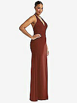 Side View Thumbnail - Auburn Moon Plunge Neck Halter Backless Trumpet Gown with Front Slit