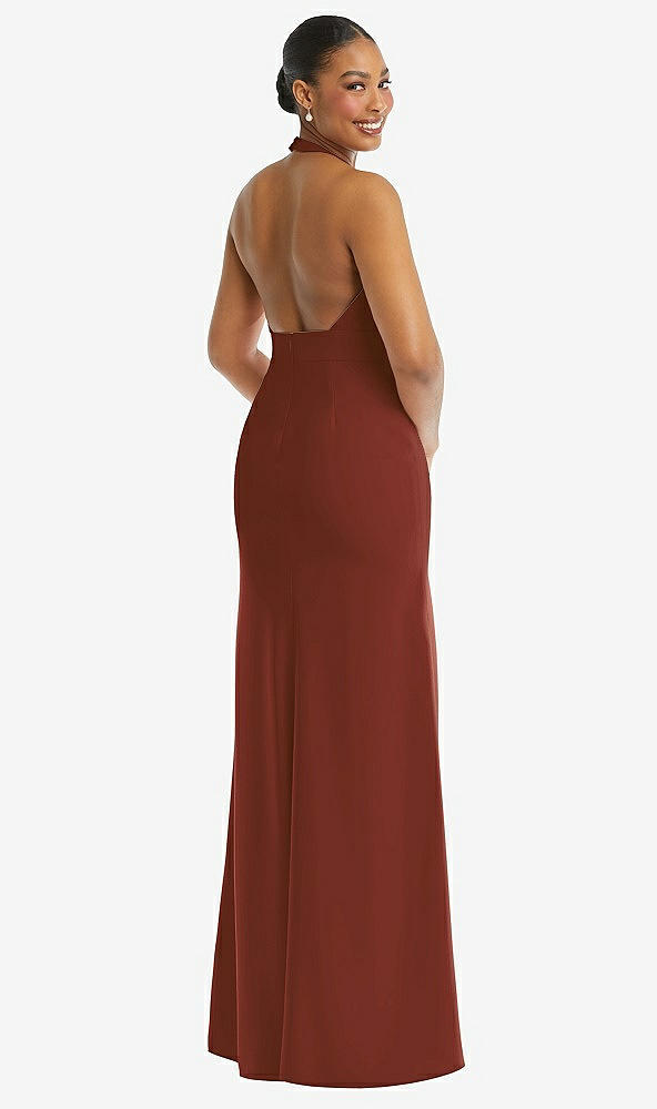 Back View - Auburn Moon Plunge Neck Halter Backless Trumpet Gown with Front Slit