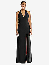 Front View Thumbnail - Black Plunge Neck Halter Backless Trumpet Gown with Front Slit
