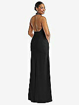 Rear View Thumbnail - Black Plunge Neck Halter Backless Trumpet Gown with Front Slit