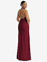Rear View Thumbnail - Burgundy Plunge Neck Halter Backless Trumpet Gown with Front Slit