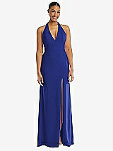 Front View Thumbnail - Cobalt Blue Plunge Neck Halter Backless Trumpet Gown with Front Slit