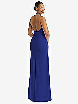 Rear View Thumbnail - Cobalt Blue Plunge Neck Halter Backless Trumpet Gown with Front Slit