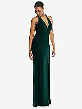 Alt View 1 Thumbnail - Evergreen Plunge Neck Halter Backless Trumpet Gown with Front Slit