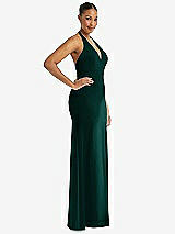 Side View Thumbnail - Evergreen Plunge Neck Halter Backless Trumpet Gown with Front Slit
