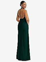 Rear View Thumbnail - Evergreen Plunge Neck Halter Backless Trumpet Gown with Front Slit