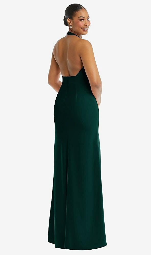 Back View - Evergreen Plunge Neck Halter Backless Trumpet Gown with Front Slit