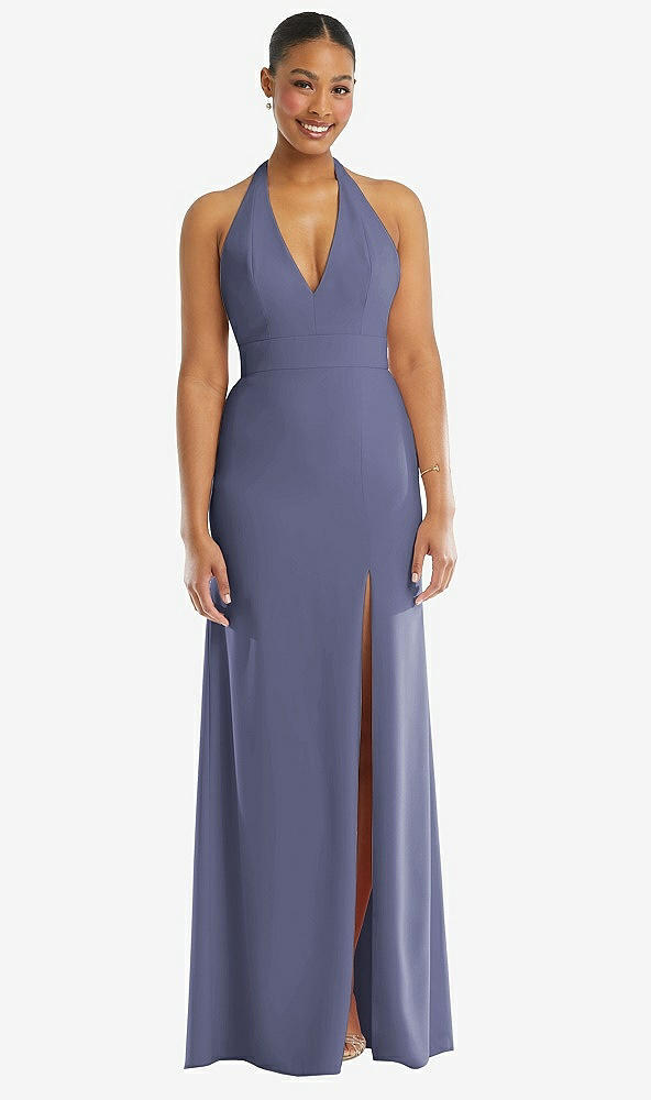 Front View - French Blue Plunge Neck Halter Backless Trumpet Gown with Front Slit