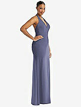 Side View Thumbnail - French Blue Plunge Neck Halter Backless Trumpet Gown with Front Slit