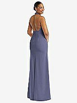 Rear View Thumbnail - French Blue Plunge Neck Halter Backless Trumpet Gown with Front Slit
