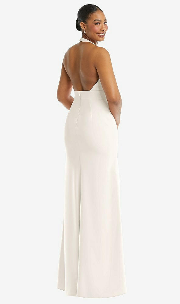 Back View - Ivory Plunge Neck Halter Backless Trumpet Gown with Front Slit