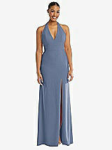Front View Thumbnail - Larkspur Blue Plunge Neck Halter Backless Trumpet Gown with Front Slit