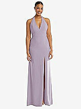 Front View Thumbnail - Lilac Haze Plunge Neck Halter Backless Trumpet Gown with Front Slit
