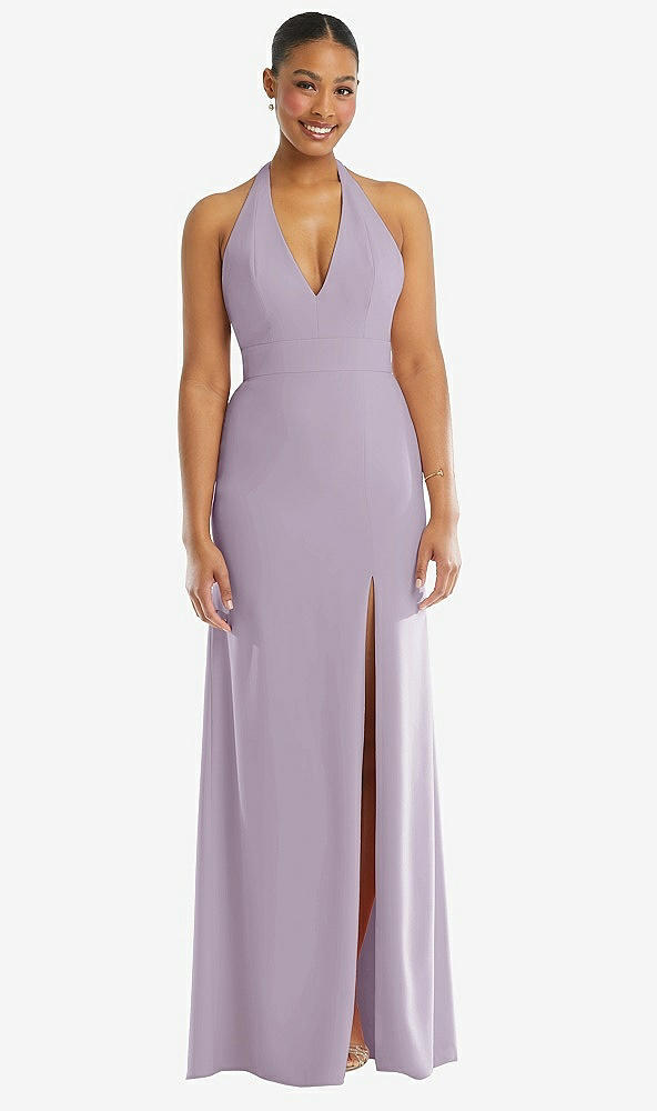 Front View - Lilac Haze Plunge Neck Halter Backless Trumpet Gown with Front Slit
