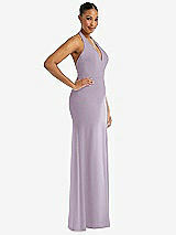 Side View Thumbnail - Lilac Haze Plunge Neck Halter Backless Trumpet Gown with Front Slit
